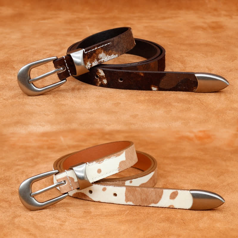 Faux Fur Cow Print Classic Silver Buckle Leather Belt - Image 5