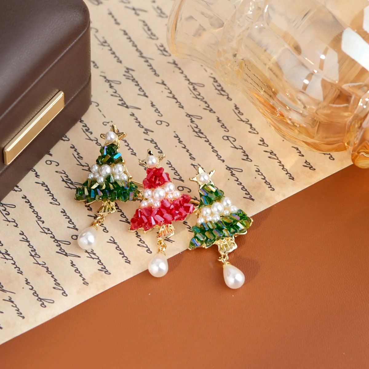 Festive Beaded Christmas Tree with Pearl Drop Holiday Brooch - Image 6