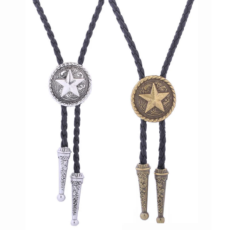 Five-Pointed Star Braided Leather Cord Bolo Tie - Image 7