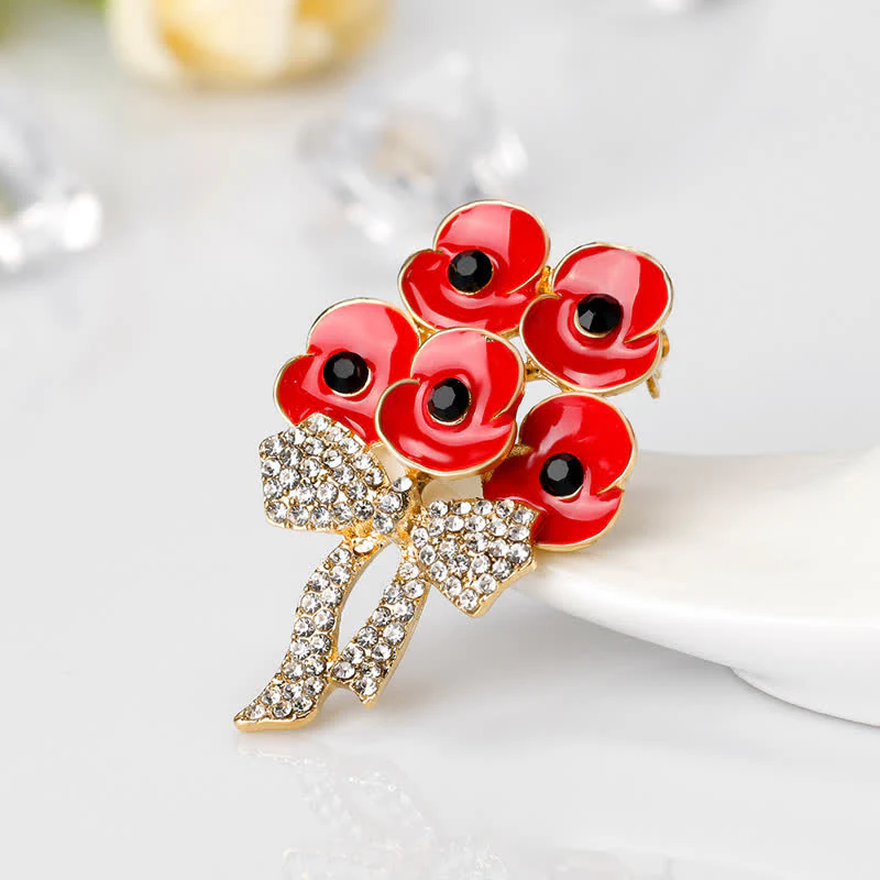 Five Red Poppies Bow Knot Rhinestone Flower Brooch - Image 2