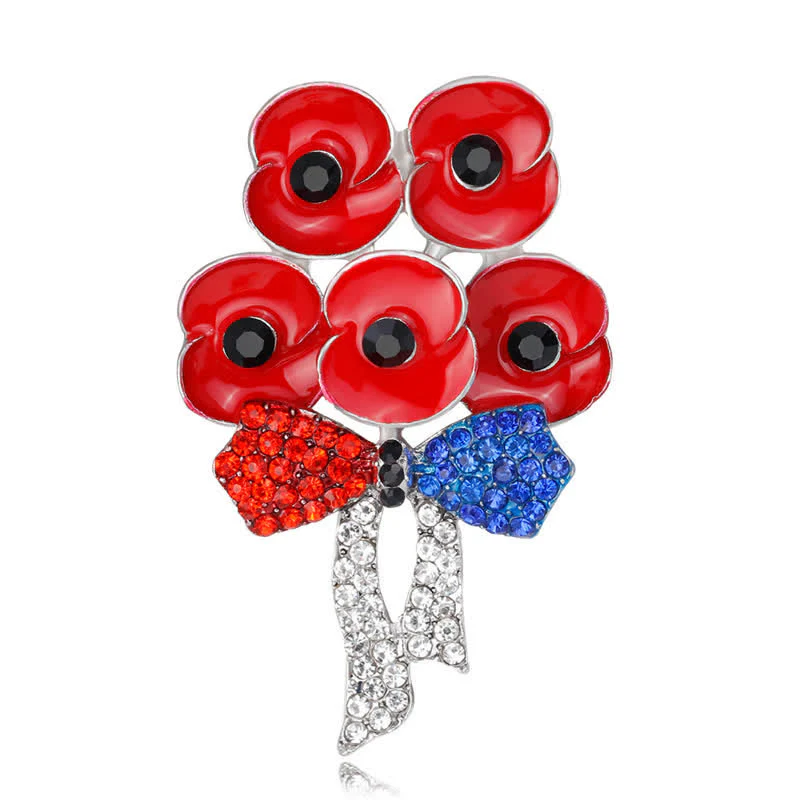 Five Red Poppies Bow Knot Rhinestone Flower Brooch - Image 3