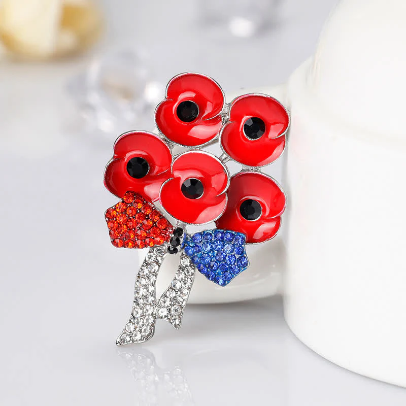 Five Red Poppies Bow Knot Rhinestone Flower Brooch - Image 4