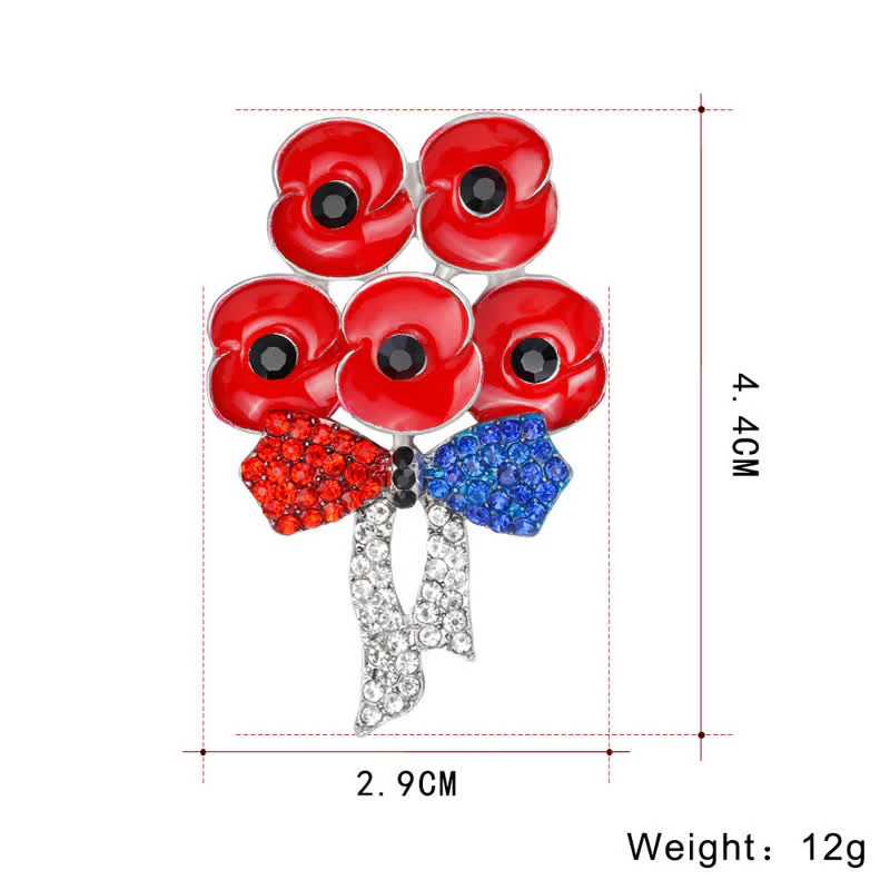 Five Red Poppies Bow Knot Rhinestone Flower Brooch - Image 5