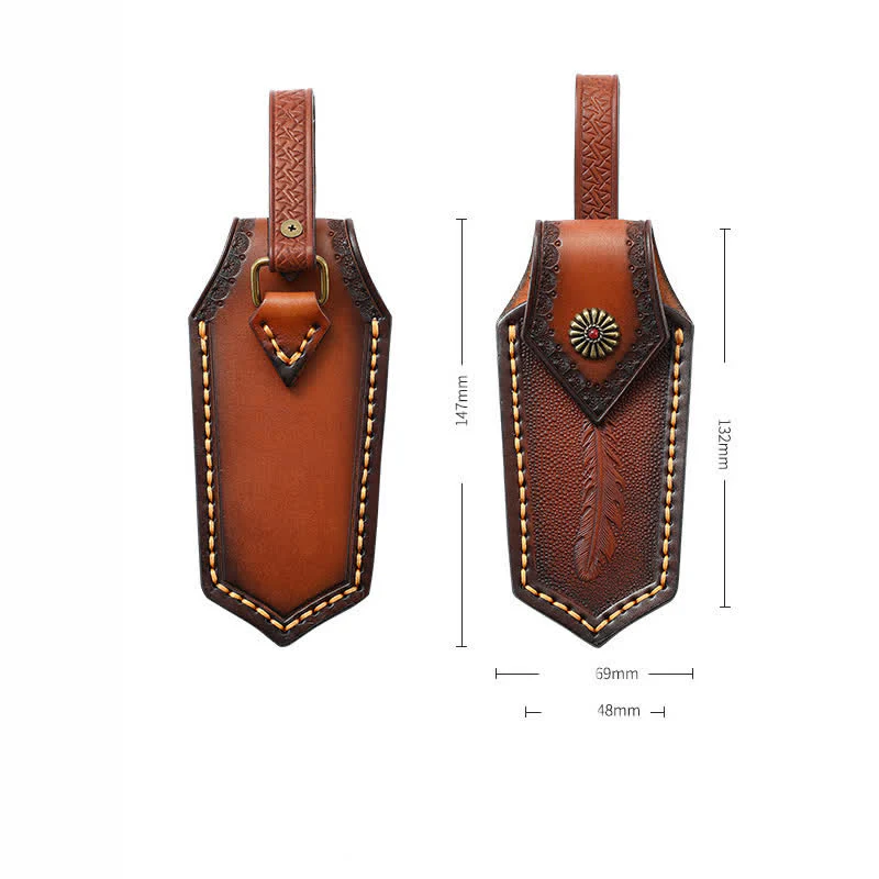 Flip Cover Feather Embossing Folding Knife Sheath Leather Belt Bag - Image 3