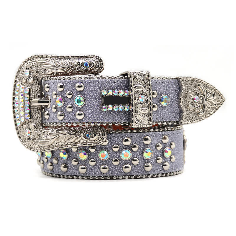 Flower Carved Buckle Rhinestone Rivet Leather Belt - Image 3