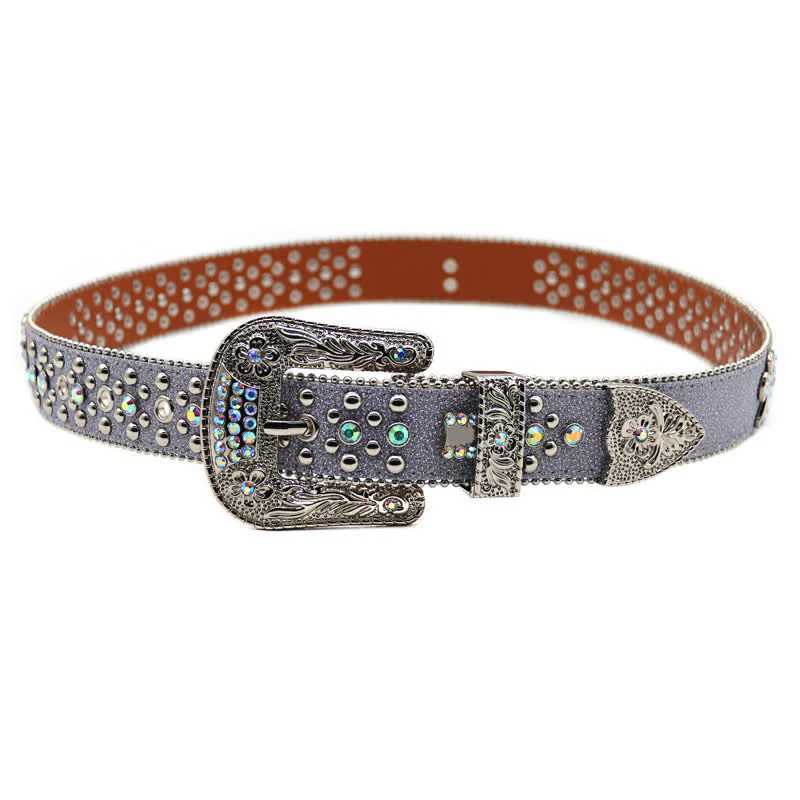 Flower Carved Buckle Rhinestone Rivet Leather Belt - Image 5
