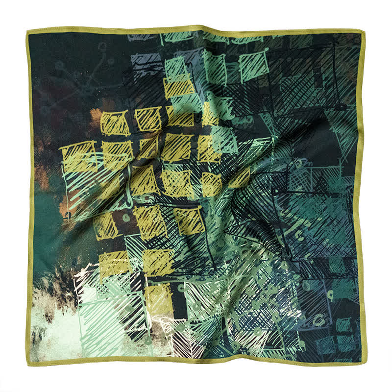 Forest Green Checkered Graffiti Square Scarf with Scarf Buckle - Image 2