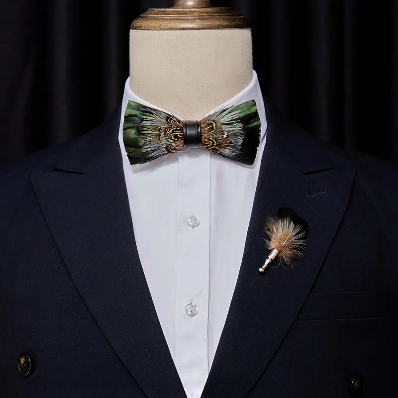 Forest Green Pheasant Feather Bow Tie with Lapel Pin - Image 2