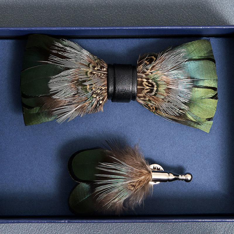 Forest Green Pheasant Feather Bow Tie with Lapel Pin - Image 4