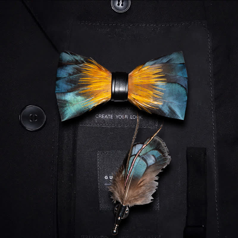 ForestGreen & Yellow Kingfisher Feather Bow Tie with Lapel Pin - Image 7