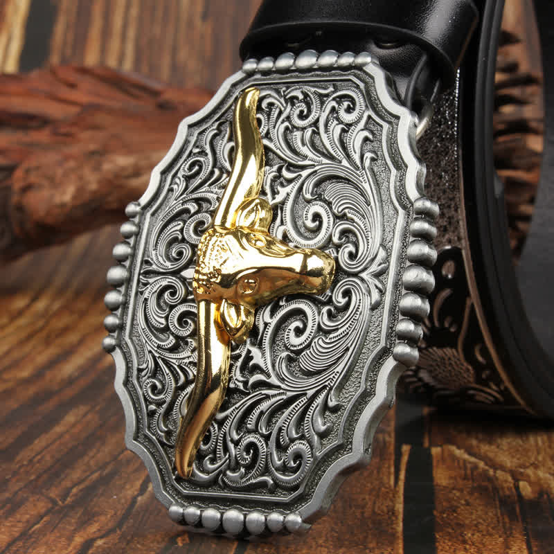 Weatern Gold Longhorn Bull Head Colorful Leather Belt - Image 5