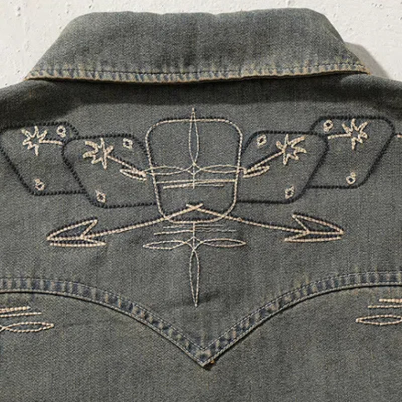 Gambler Embroidered Washed Denim Western Cowboy Shirt - Image 7
