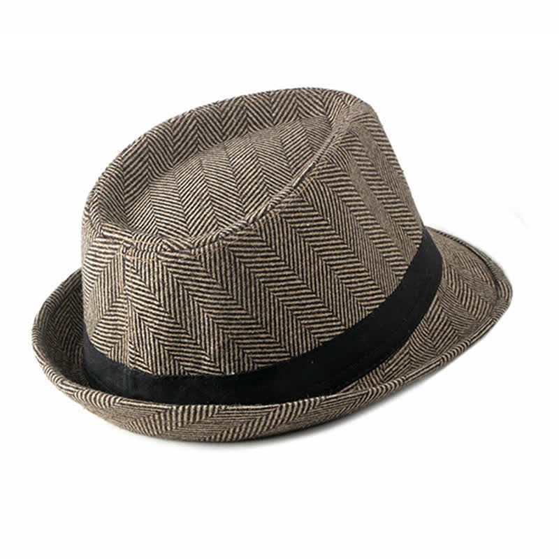 Gentlemen Herringbone Pattern Black Ribbon Fedora Hat - Image 4