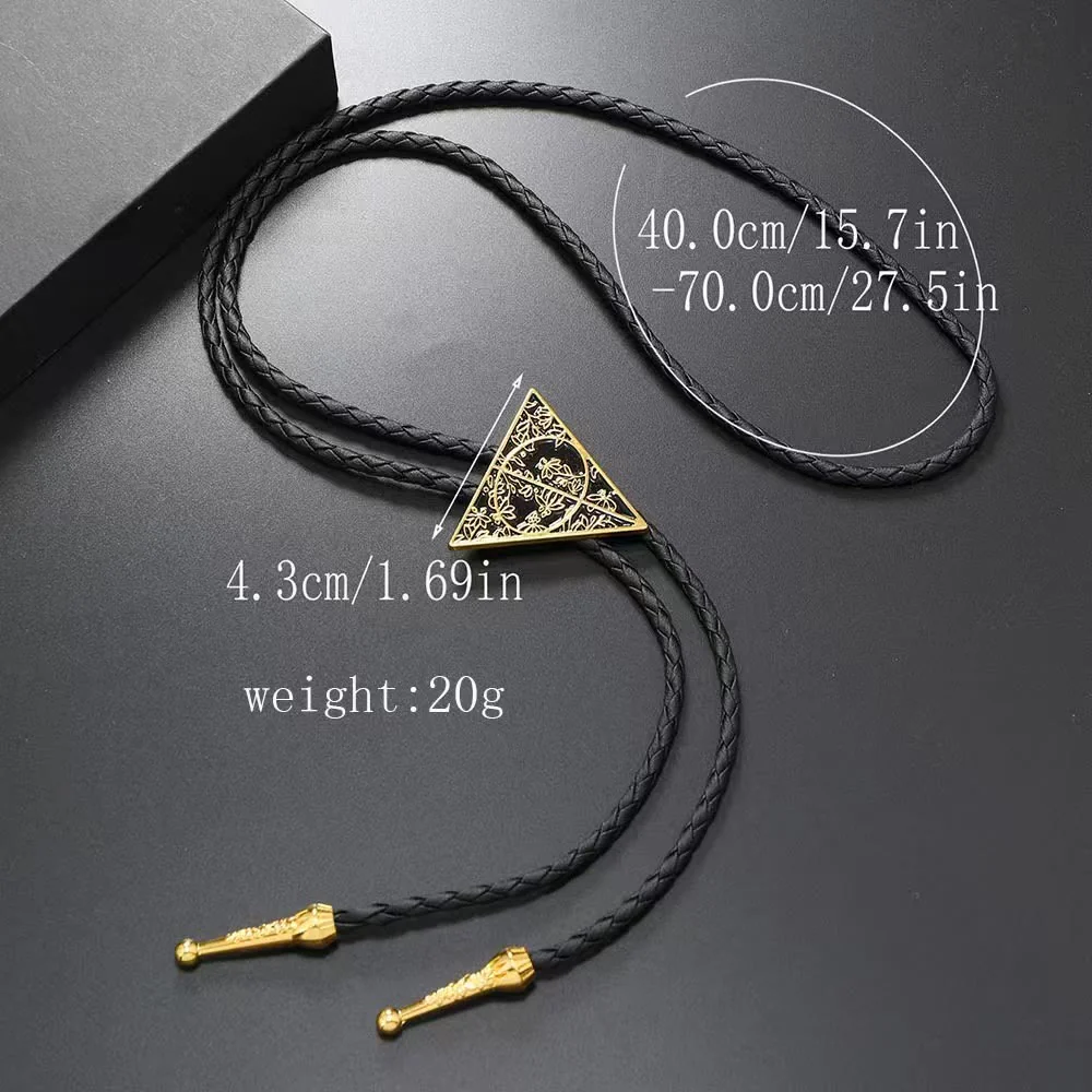 Geometric Triangle Pattern Metal Braided Leather Bolo Tie - Image 4