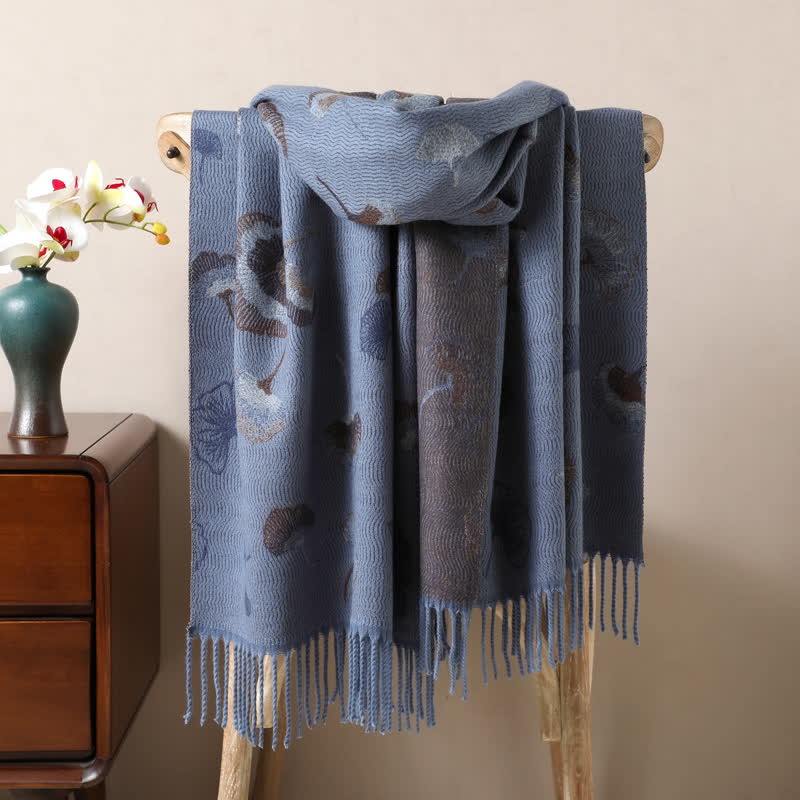 Ginkgo Leaf Pattern Double-Sided Scarf With Tassels - Image 5
