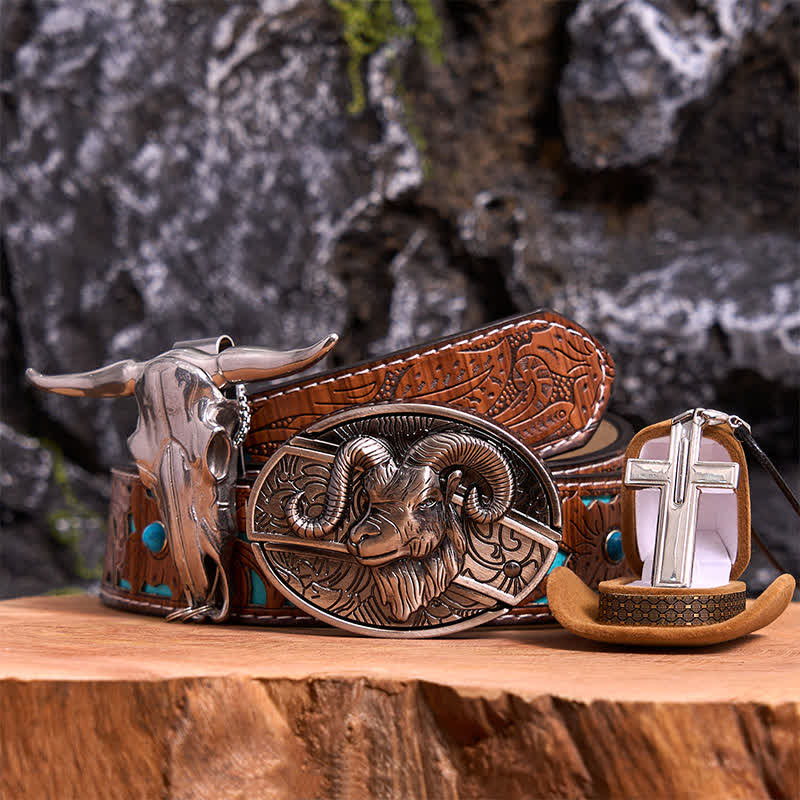 Goat DIY Hidden Knife Belt Buckle Longhorn Pendant Cross Necklace Bundle Set - Image 5