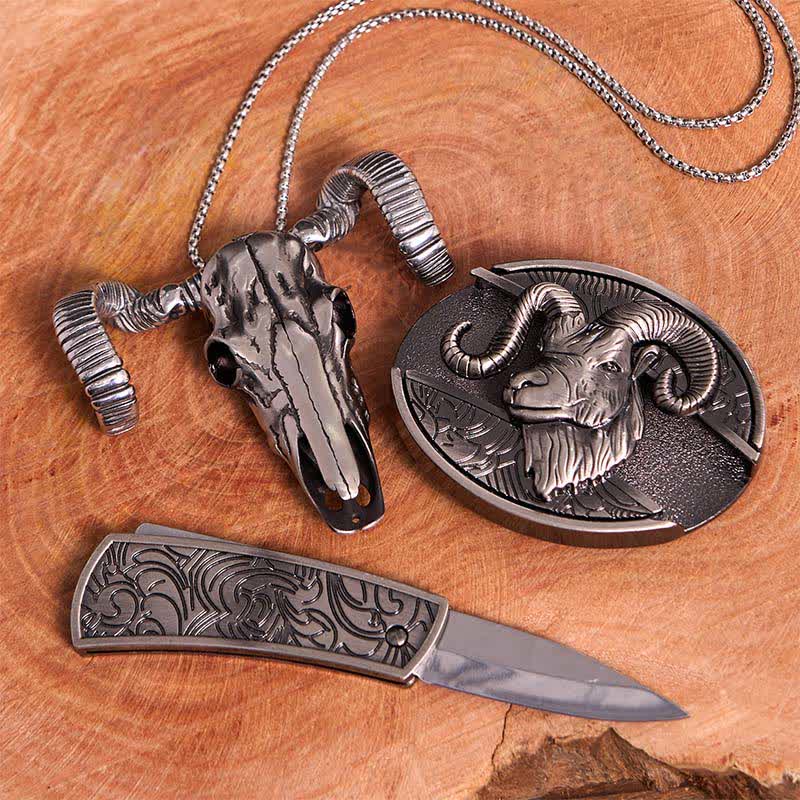 Goat DIY Hidden Knife Belt Buckle Skull Sheep Pendant Bundle Set - Image 3