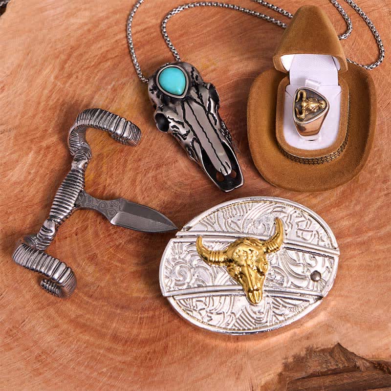 Gold Bull DIY Hidden Knife Belt Buckle Turquoise Skull Sheep Pendant Bundle Set - Image 4