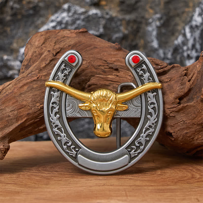 Gold Bull Head Western Horseshoe Shape Buckle Leather Belt