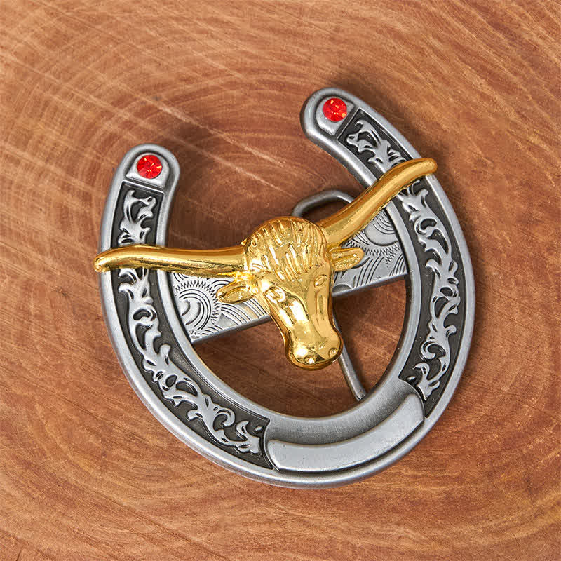 Gold Bull Head Western Horseshoe Shape Buckle Leather Belt - Image 2
