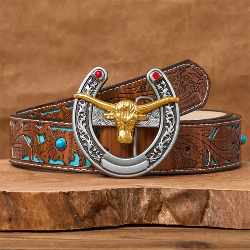 Gold Bull Head Western Horseshoe Shape Buckle Leather Belt - Image 4