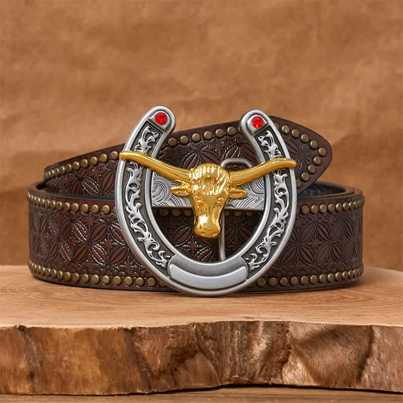 Gold Bull Head Western Horseshoe Shape Buckle Leather Belt - Image 5