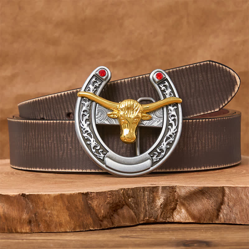Gold Bull Head Western Horseshoe Shape Buckle Leather Belt - Image 6