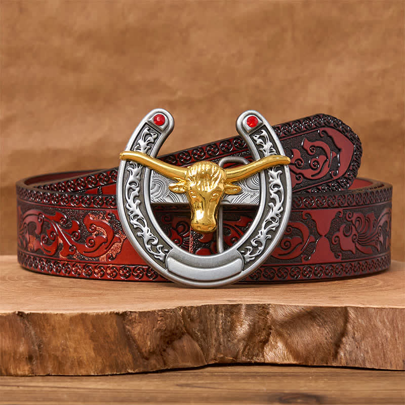 Gold Bull Head Western Horseshoe Shape Buckle Leather Belt - Image 7