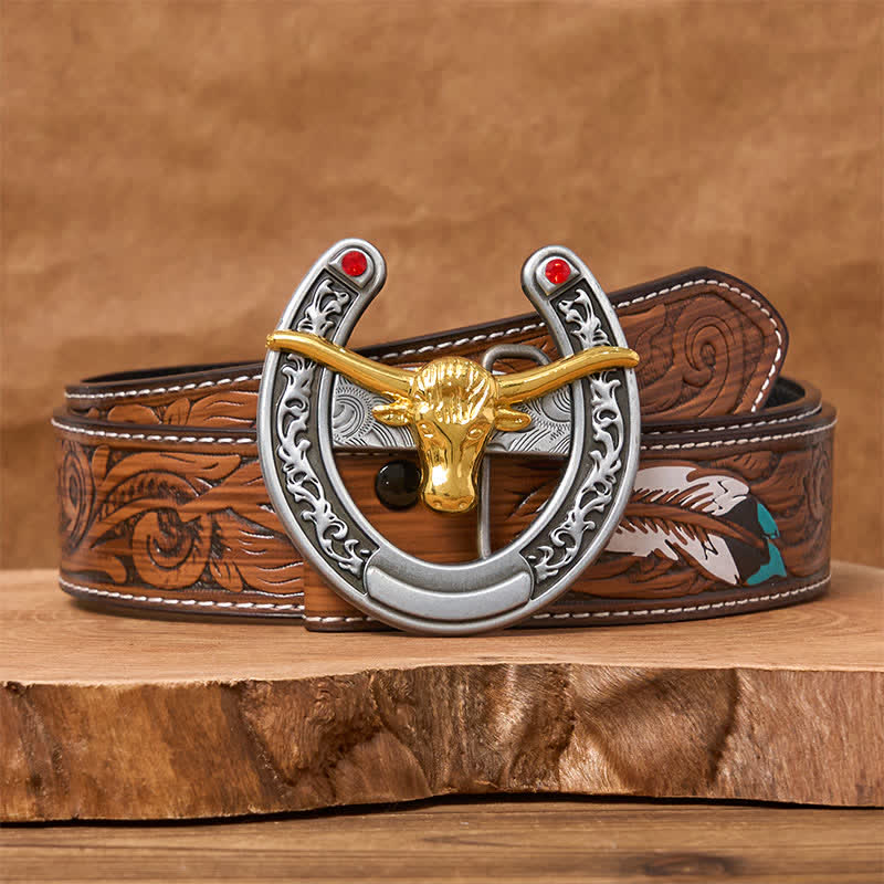 Gold Bull Head Western Horseshoe Shape Buckle Leather Belt - Image 8
