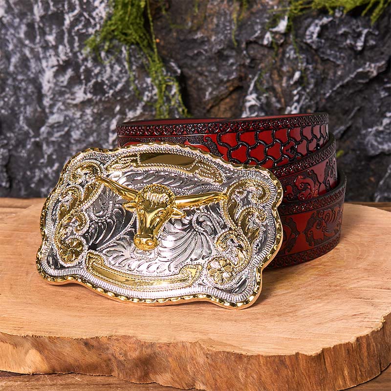 Gold Bull's Head DIY Western Cowboy Buckle Leather Belt - Image 10