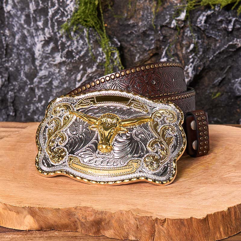 Gold Bull's Head DIY Western Cowboy Buckle Leather Belt - Image 8