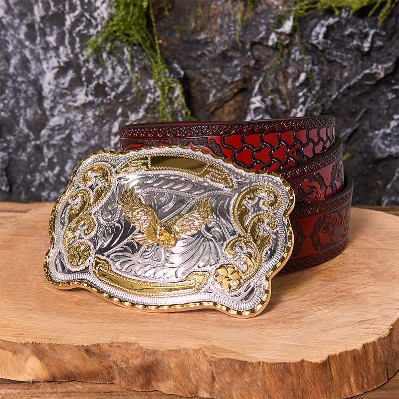 Gold Flying Eagle DIY Western Cowboy Buckle Leather Belt - Image 10