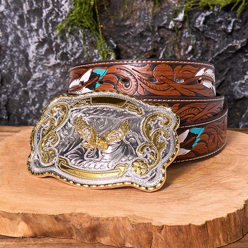Gold Flying Eagle DIY Western Cowboy Buckle Leather Belt - Image 11
