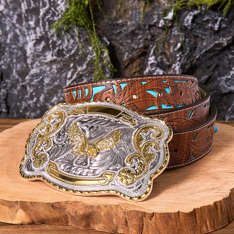 Gold Flying Eagle DIY Western Cowboy Buckle Leather Belt - Image 7