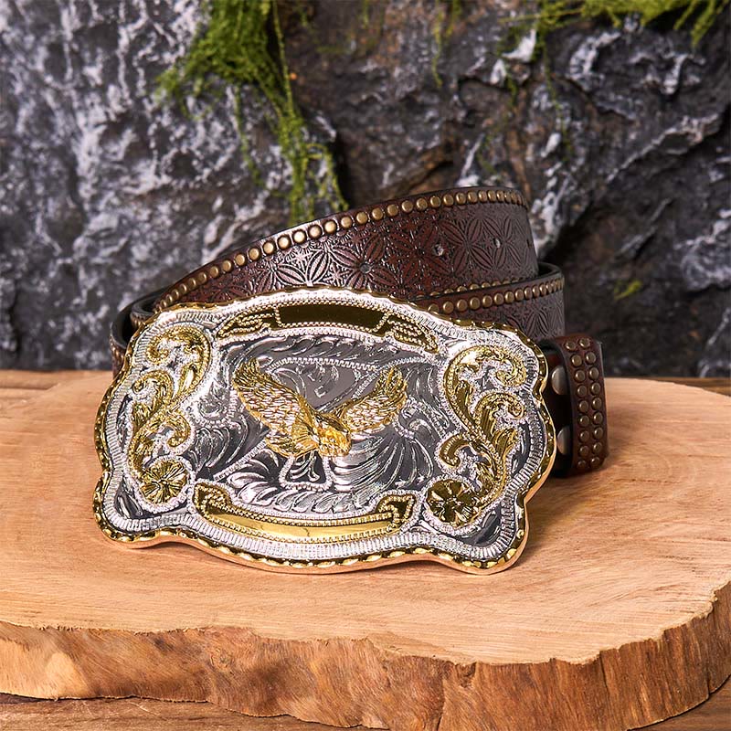 Gold Flying Eagle DIY Western Cowboy Buckle Leather Belt - Image 8