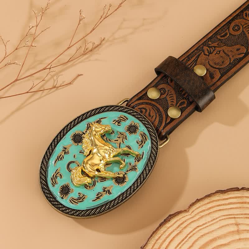 Gold Horse Turquoise-Tone Buckle Horse Embossed Leather Belt - Image 2