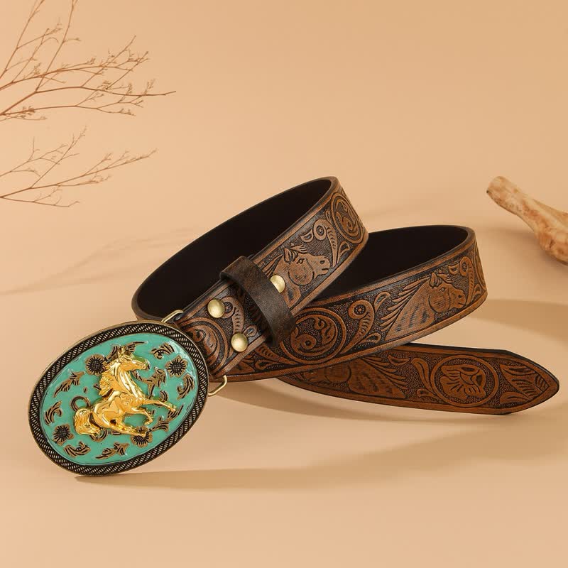 Gold Horse Turquoise-Tone Buckle Horse Embossed Leather Belt - Image 3