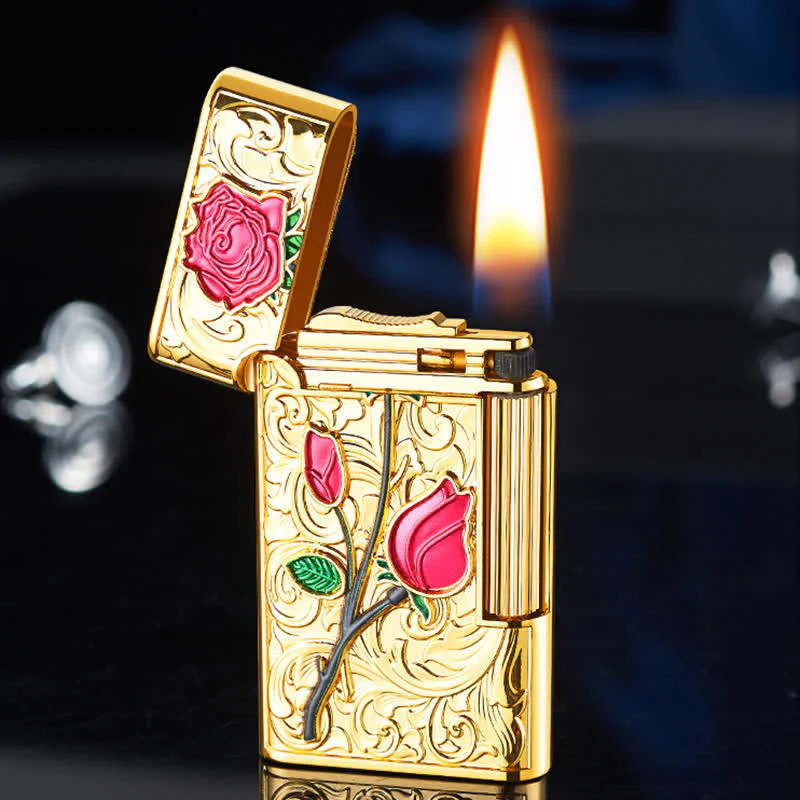 Gold Red Rose Flint Side Slide Refillable Butane Lighter - Image 4