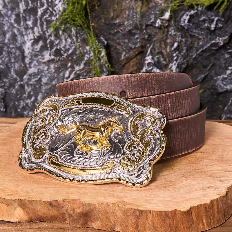 Gold Running Horse DIY Western Cowboy Buckle Leather Belt - Image 9