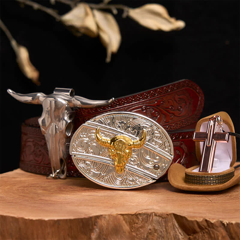 Gold & Silver Bull DIY Hidden Knife Belt Buckle Cross Necklace Bundle Set - Image 7