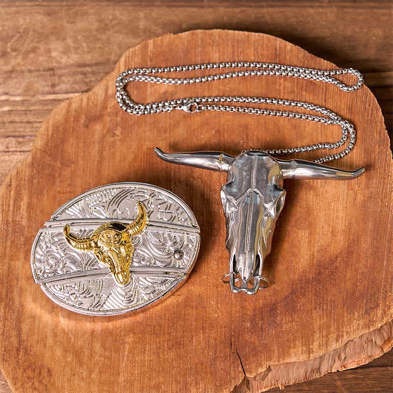 Gold & Silver DIY Hidden Knife Belt Buckle Longhorn Bull Pendant Bundle Set - Image 2