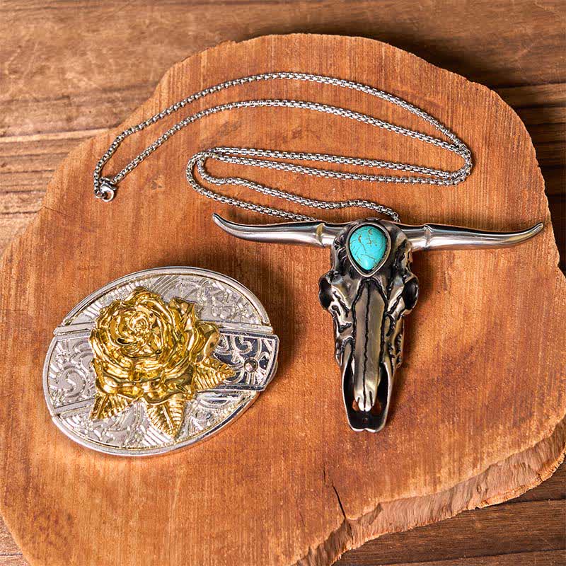 Gold & Silver DIY Hidden Knife Belt Buckle Turquoise Longhorn Pendant Bundle Set - Image 21