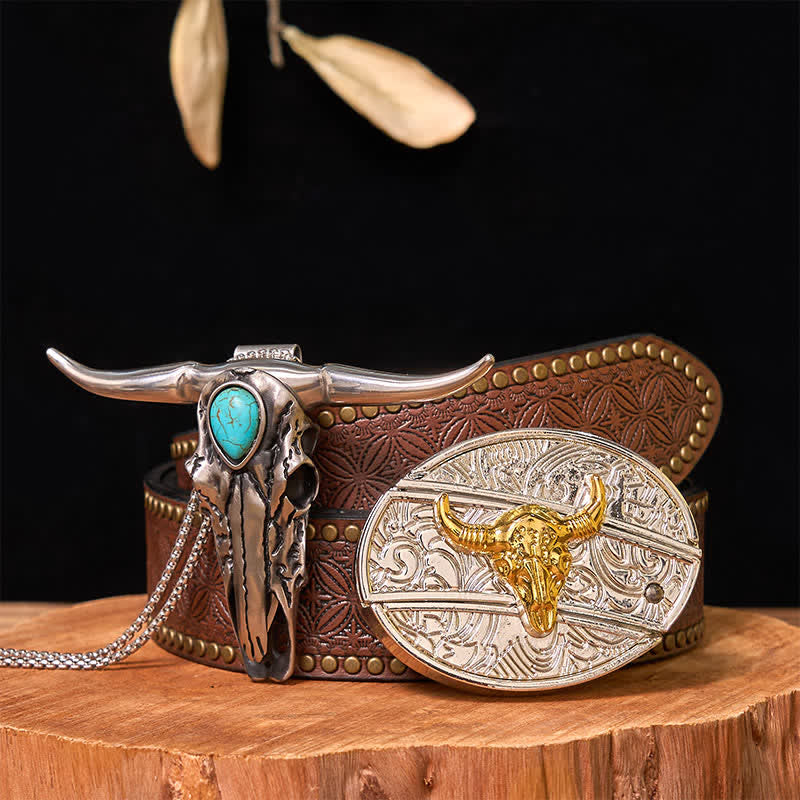 Gold & Silver DIY Hidden Knife Belt Buckle Turquoise Longhorn Pendant Bundle Set - Image 9
