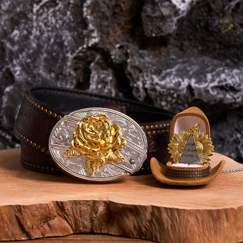 Gold & Silver DIY Rose Hidden Knife Belt Buckle Sunflower Necklace Bundle Set - Image 10