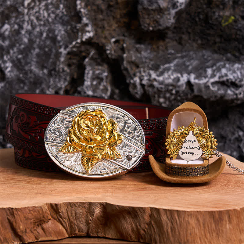 Gold & Silver DIY Rose Hidden Knife Belt Buckle Sunflower Necklace Bundle Set - Image 12
