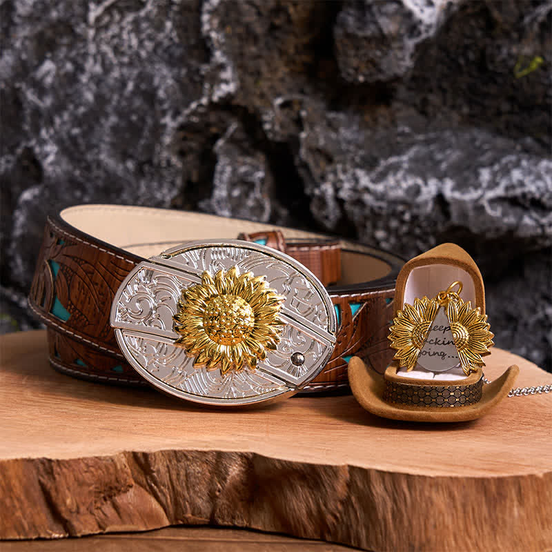 Gold & Silver DIY Sunflower Theme Hidden Knife Belt Buckle Necklace Bundle Set - Image 6