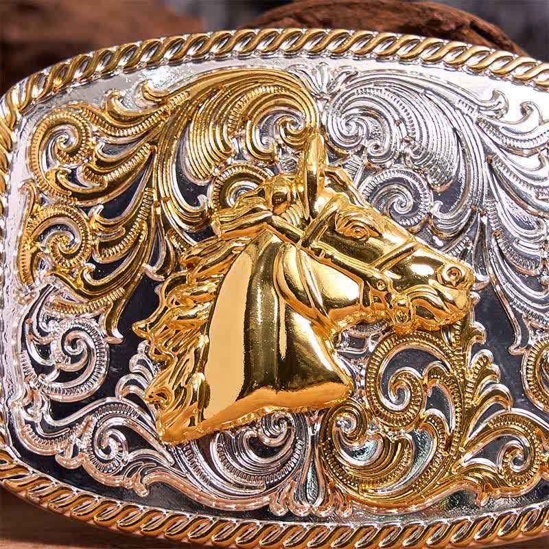 Gold & Silver Horse Head DIY Large Buckle Leather Belt - Image 4