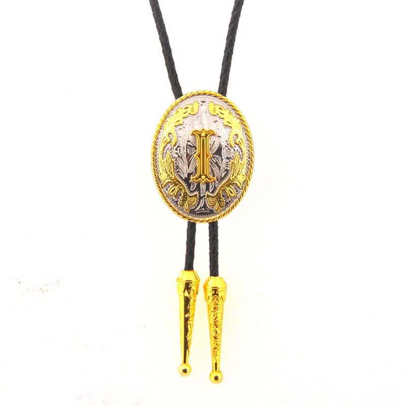 Gold & Silver Two-Tone Oval Initial Letter Leather Bolo Tie - Image 11