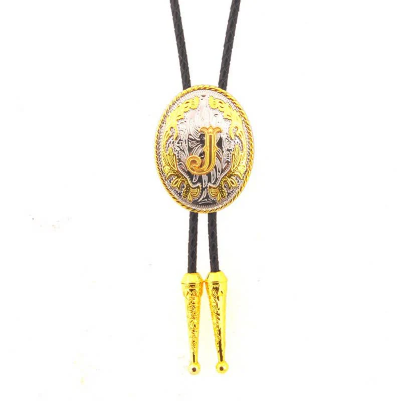 Gold & Silver Two-Tone Oval Initial Letter Leather Bolo Tie - Image 12