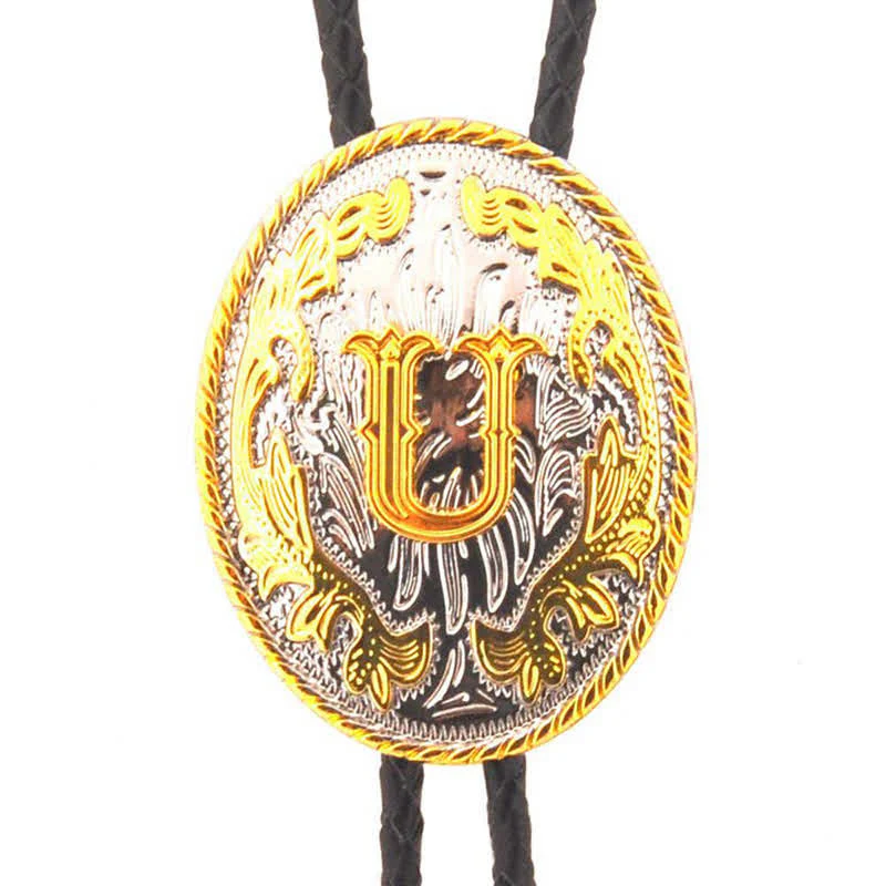 Gold & Silver Two-Tone Oval Initial Letter Leather Bolo Tie - Image 22